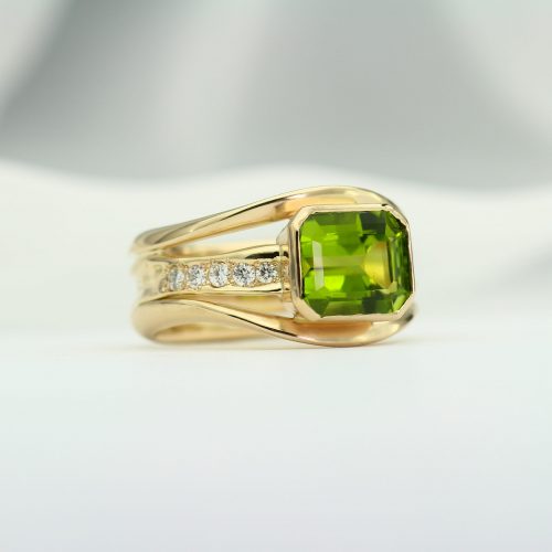 Emerald Cut Peridot and Diamond Stacked Origins Ring