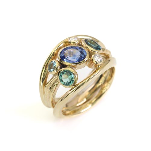 Blue Sapphire and Green Tourmaline Cluster Ring
