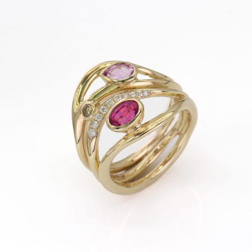 Hot Pink Sapphire, Pink Topaz and Diamond Ring